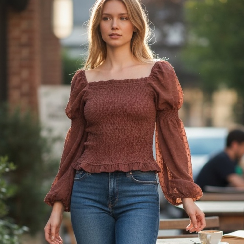 Promesa Rust Brown Smocked Square-Neck Blouse with Puff Sleeves
